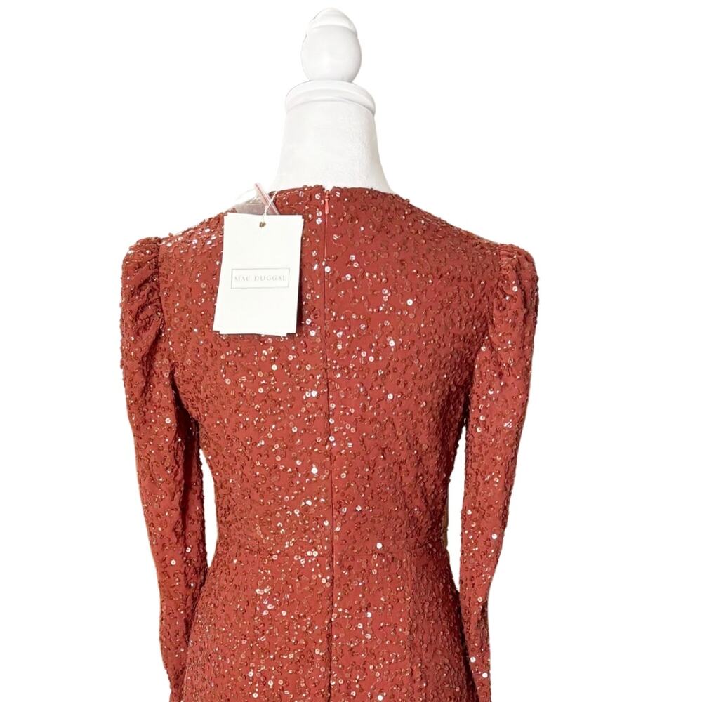 Mac Duggal Long Sleeve Sequin Midi Dress 2 Brick NWT Style 10865 - Picture 6 of 11